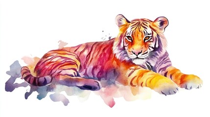 Colorful watercolor tiger lying down, vibrant stripes and hues, abstract background.