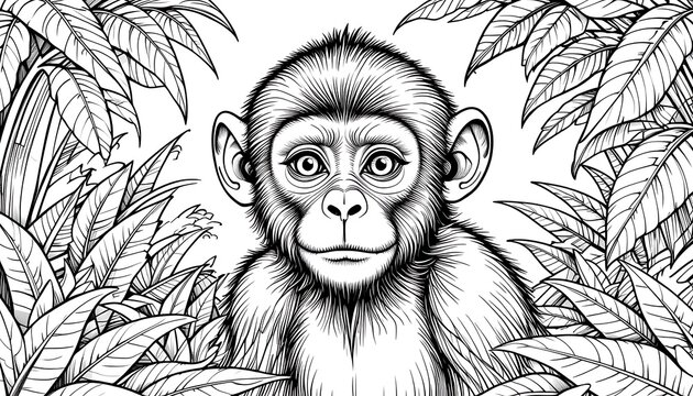 Playful monkey coloring page, engaging book drawing animal, charming cute outline zoo jungle, whimsical cheerful delightful, artistic animated enchanting