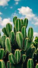 Lush cactus cluster, sunny sky background