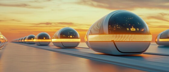 Fototapeta premium Futuristic Beach Landscape: Autonomous Eco-Transport System Connecting Tomorrow's Coastal Towns,3D rendering