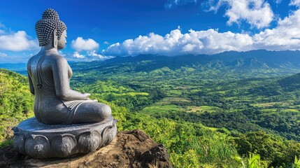 A Buddha statue at the edge of a mountain, with a sweeping view of lush valleys and dense forest.