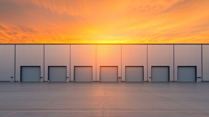 Glowing Modern Industrial Warehouse with Sleek Metal Facades Reflecting Golden Sunlight,3D rendering