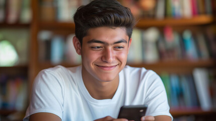 Teenager sitting in the library while typing on his cell phone