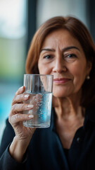 Woman in her 40s, holding a glass of water