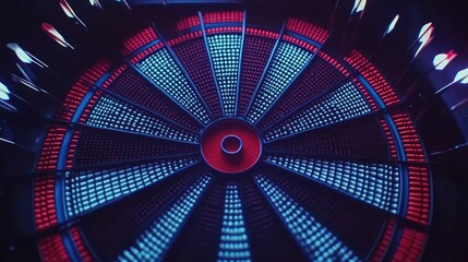 A close-up of a dartboard with a bright red bullseye and arrows neatly arranged around the center.