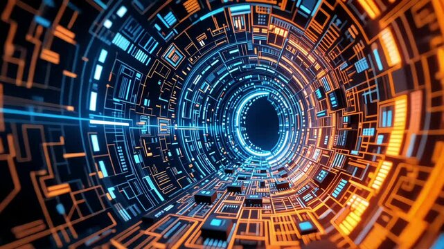 Abstract background with infinite tunnel of glowing microchips and neon circuitry for semiconductor and tech hardware branding