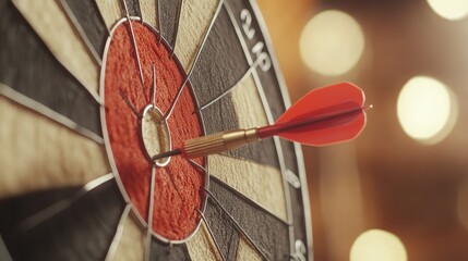 A close-up of a target with a dart embedded in the red bullseye on a light wooden surface.