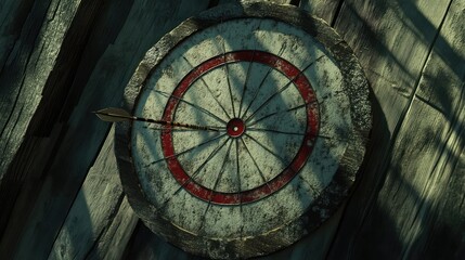 Obraz premium A close-up shot of a white target with red rings and a dart in the center, resting on a wooden surface.