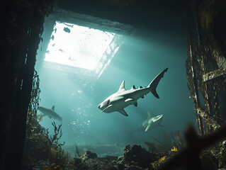 Obraz premium Requins nageant dans un réservoir éclairé depuis un plafond carré