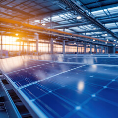 Fototapeta premium Solar energy installation in industrial warehouse photovoltaic panels modern environment aerial view sustainable concept