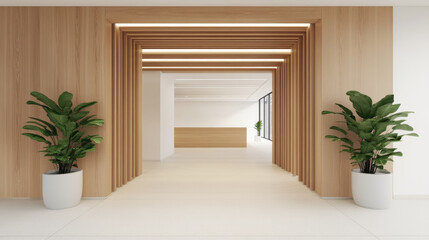 Fototapeta premium Modern minimalist interior with wooden archway and plants