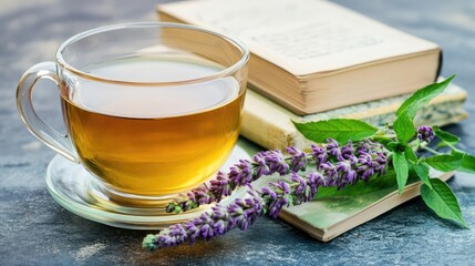 A cup of herbal tea placed next to a closed laptop and a wellness journal, representing the importance of breaks in daily work life.
