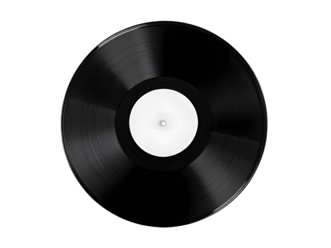 A black vinyl record with visible grooves, symbolizing retro and analog music on a white background.