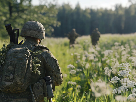 Militaires marchant dans un champ de fleurs