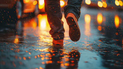 Dramatic city night shot capturing movement in wet conditions
