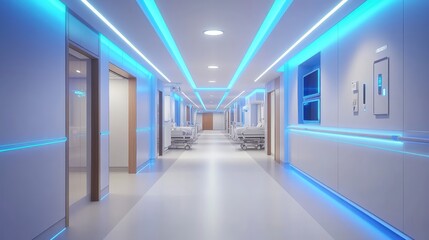A futuristic hospital corridor with ambient blue lighting, symbolizing cutting-edge healthcare facilities.