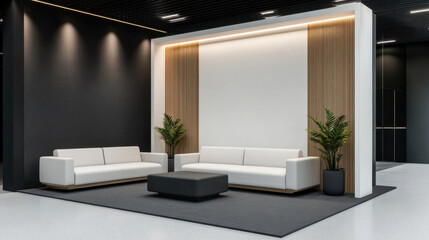 Modern minimalist luxury exhibition booth with white sofas and plants