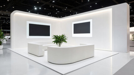Modern trade show booth with curved white panels and minimalist design