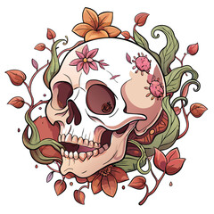 A whimsical cartoon skull, intricately adorned with lush, creeping vines and flowers, emerging from cracked earth.