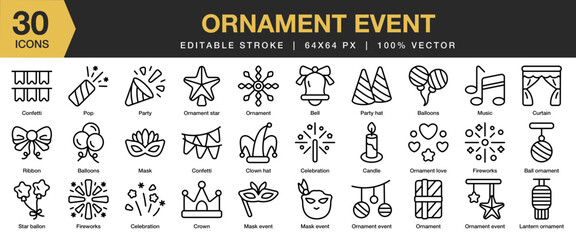 Ornament Event icon set. Editable Stroke Icon Collection. Includes ornament, event, decoration, greeting, and More. Outline icons vector collection.