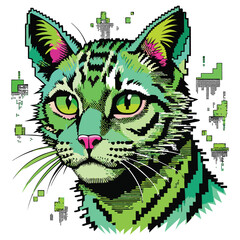 Generate a hyperrealistic image of a cat, its fur composed of glitching, fragmented data streams and pixels, showcasing a vibrant, chaotic digital aesthetic.