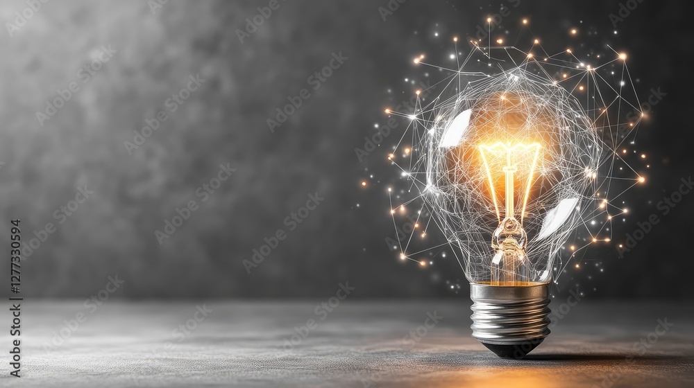 Poster a light bulb with a glowing filament, surrounded by a neutral background with an ample amount of emp
