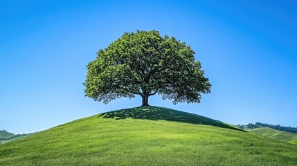 Fototapeta premium A lush green tree standing alone on a hilltop under a clear blue sky, representing inner strength and mental endurance.