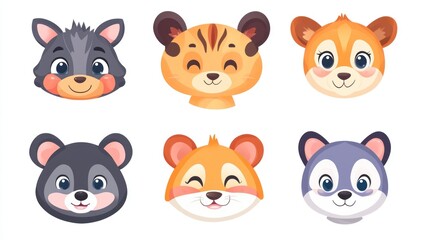 Fototapeta premium Cute animal faces. Cartoon animal heads.