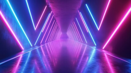 Neon Lights Corridor: Futuristic Pink and Blue Glowing Lines Reflecting on Sleek Surface