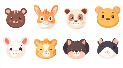Fototapeta premium Cute animal faces, cartoon animal heads, adorable animal portraits, childlike animal illustrations, simple animal icons.