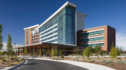 Obraz premium A modern hospital building exterior with clear blue skies, symbolizing accessible and advanced healthcare support.