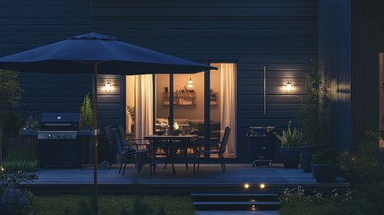 Nighttime patio with grill, dining set, and warm lighting.