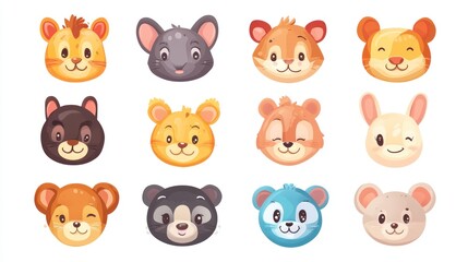 Obraz premium Cute animal faces, cartoon animal heads, various animal expressions, friendly animal portraits