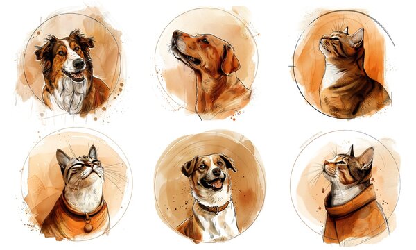 Watercolour pictures, paintings, images of cats and dogs. Isolated object on white background
