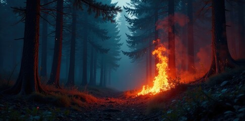 Obraz premium Dark forest with fire crackling in the background, flames, trees
