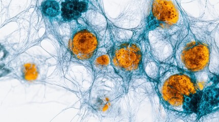 Aging cells under a microscope in a clean lab environment. Featuring the biological effects of aging and molecular breakdown
