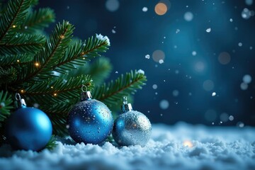 Fototapeta premium Dark winter scene featuring evergreen branches and sparkling blue silver ornaments, silver, winter wonderland