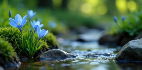 Delicate blue flowers blooming in a small spring stream, nature scene, water background, small spring