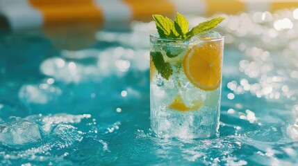 A refreshing lemonade with ice cubes and mint leaves, sitting on a bright summer background, highlighting hydration in warm weather.