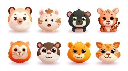 Obraz premium Cute animal faces, cartoon, round, adorable, childish, kids