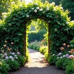 Garden gate with lush greenery and blooming flowers, greenery, peaceful atmosphere, blooms
