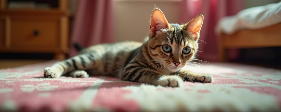 Gato sentado encima de su rascador limpiando con delicadeza la alfombra, muebles, texturas