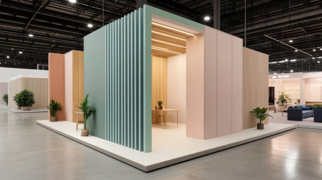 Modern Scandinavian style trade show stand with natural textures and plants
