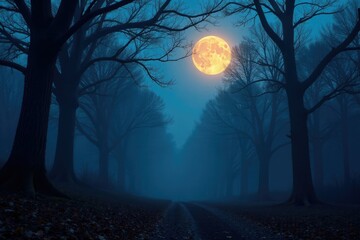 Fototapeta premium misty autumn forest under glowing full moon with bare tree branches, nighttime, mysterious, misty forest