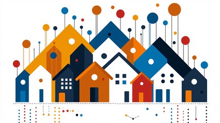 Colorful and Modern Illustration of Stylized Houses with Geometric Elements and Playful Circles