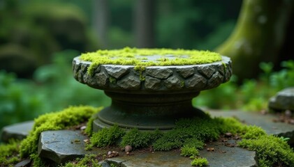 Moss-covered stone pedestal with intricate details, pedestal, geological, rough