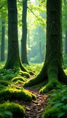 Obraz premium Moss-covered tree trunks in a serene woodland glade, green trees, forest, moss