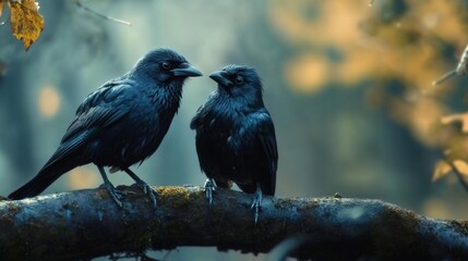 Obraz premium Two crows perched on a mossy branch in a forest, autumn leaves blurred in the background.