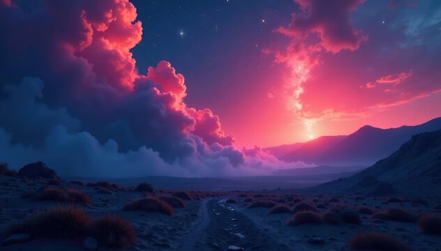 Nocturnal vapors waft across a desolate terrain, smokes, glowing nebulae