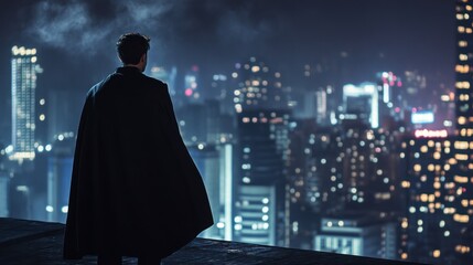 Night Cityscape View: A Lone Figure in a Cape Contemplates the Urban Lights